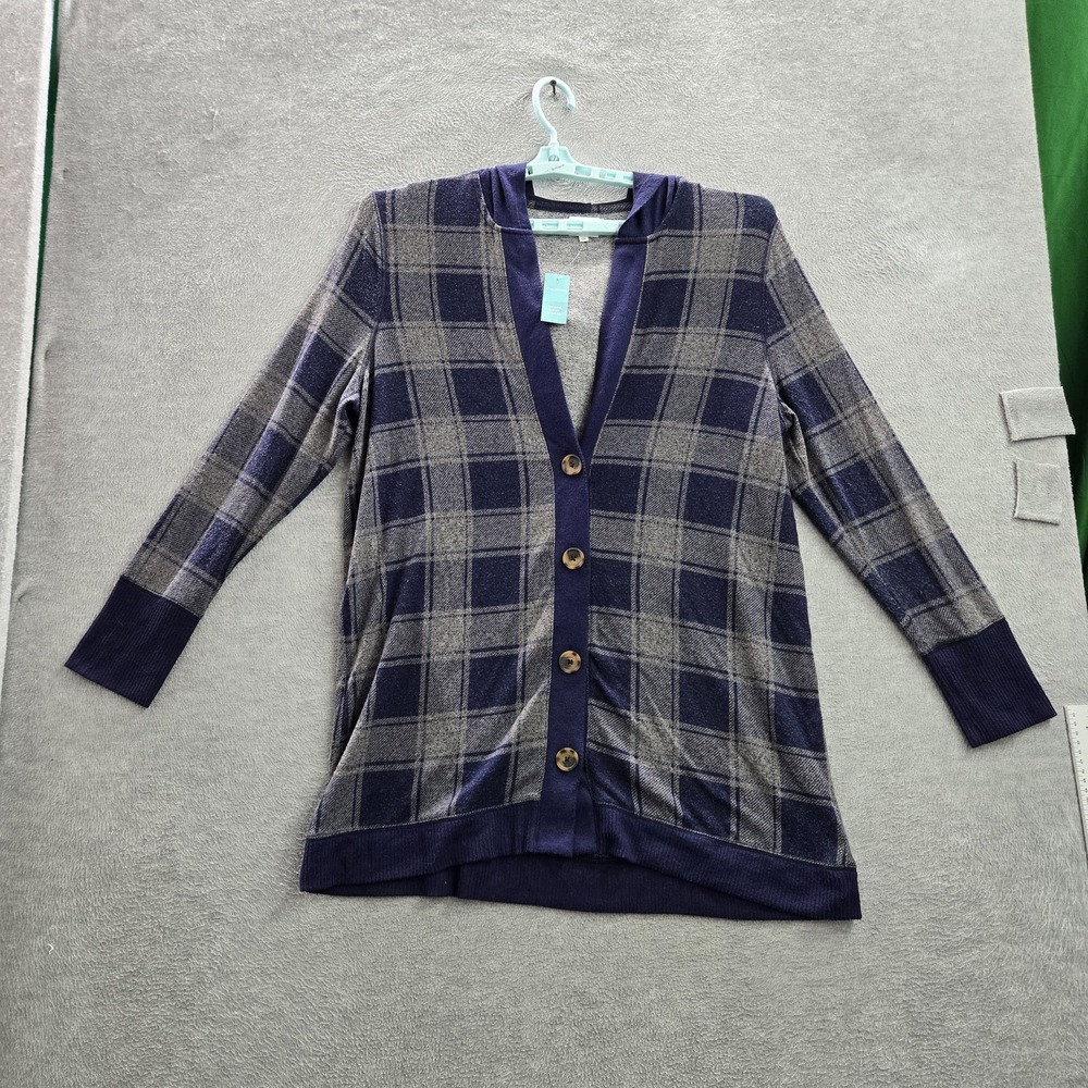 Maurices Women Cardigan 0X Navy Plaid Button Long Sleeve Sweater Hooded Knit NWT